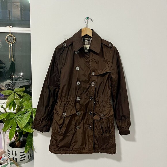 Burberry Jackets & Blazers - Burberry Brown Double Breasted Nylon Rain Coat Size 6